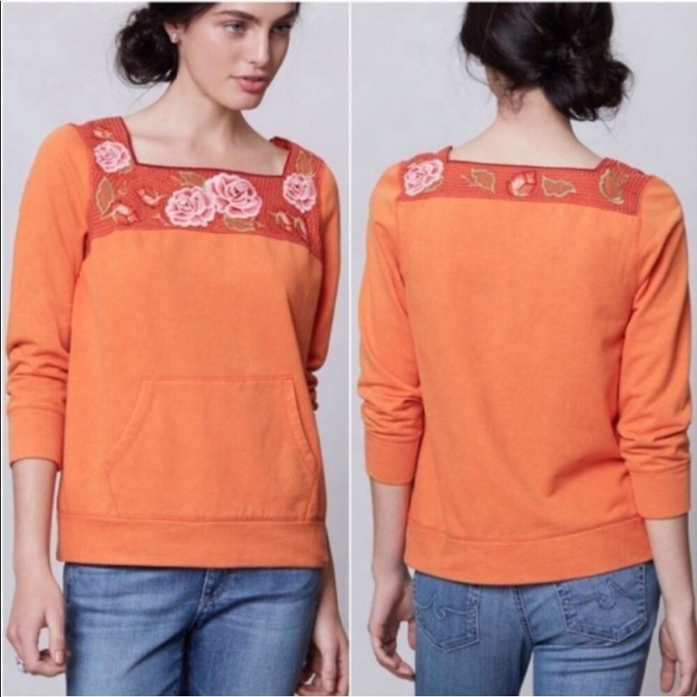 Anthropologie Orange Floral Embroidered Top